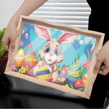 FGbaby DIY 5D Easter Bunny Eggs Diamond Painting Wood Serving Tray with Handles Diamond Art Decor Serving Trays Wooden Tray for Breakfast in Bed, Patio, BBQ, Coffee Table, Party –Great for Lap & Couch