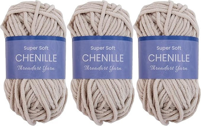 Threadart 3 Pack Super Soft Chenille Yarn for Crocheting, Knitting, Amigurumi, 50 Gram 60 yds #5 Fluffy Yarn Skeins - Natural