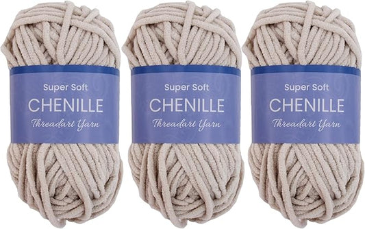 Threadart 3 Pack Super Soft Chenille Yarn for Crocheting, Knitting, Amigurumi, 50 Gram 60 yds #5 Fluffy Yarn Skeins - Natural