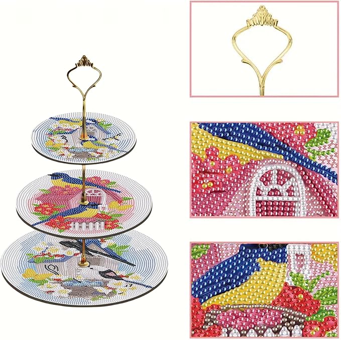 Three-Tier Diamond Painting Wooden Cake Stand DIY Sunflower Diamond Painting Cupcake Towel-Lined Tiered Tray Reusable Pastry Stand (Little Bird)