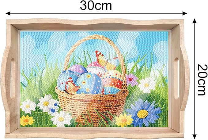 FGbaby DIY 5D Flowers Easter Eggs Diamond Painting Wood Serving Tray with Handles Diamond Art Serving Trays Wooden Tray for Breakfast in Bed, Patio, BBQ, Coffee Table, Party –Great for Lap & Couch