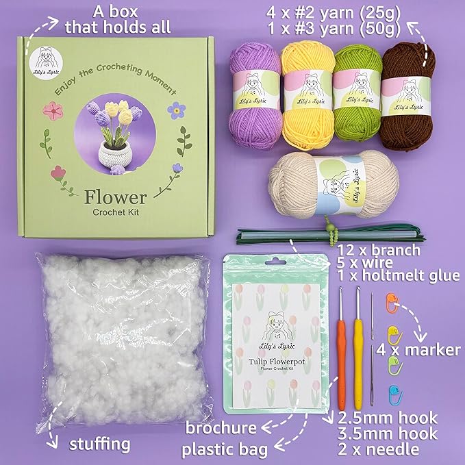 Lily's Lyric Flower Crochet Kit | Tulip Flowerpot | Step-by-Step Video Tutorial for Adults Teenagers | DIY Home Decoration Craft Gift Idea Purple&Yellow