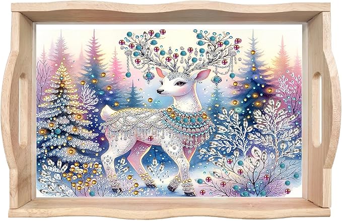 DIY Diamond Art Painting Wooden Tray Kit With Handle, Food Tray for Breakfast, Bar Dinner Table Decoration, Diamond Dots Gem Painting Art Set for Beginners - Christmas Elk