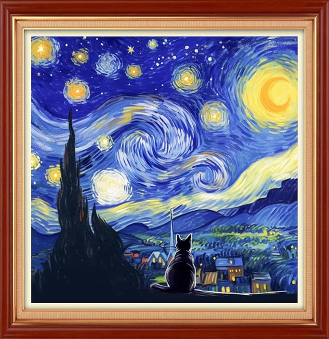 Foxhool Stamped Cross Stitch Kits,11CT Printed Cross Stitch Pattern Full Embroidery Kits for Beginner Needlepoint Kits&Cat admires Van Gogh's Starry Sky 18x18 inch