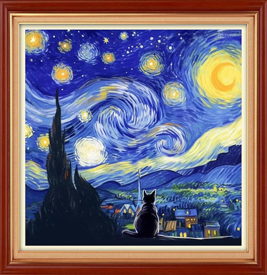 Foxhool Stamped Cross Stitch Kits,11CT Printed Cross Stitch Pattern Full Embroidery Kits for Beginner Needlepoint Kits&Cat admires Van Gogh's Starry Sky 18x18 inch