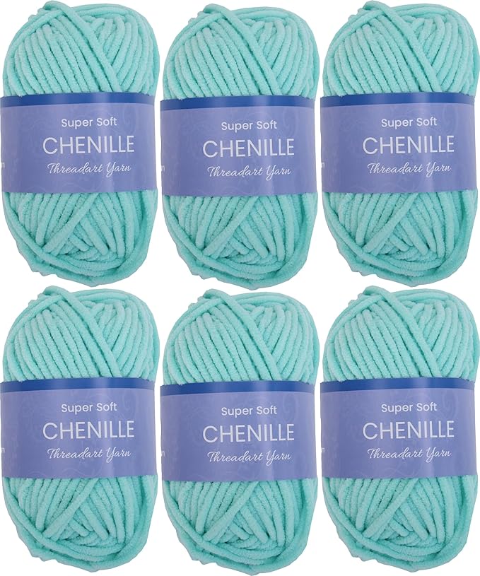 6 Pack ThreadArt Chenille Yarn for Crocheting, Knitting, Amigurumi, Super Soft Plush Velvet Yarn - 50 Gram 60 yds #5 Fluffy Yarn Skeins - Light Aqua 27