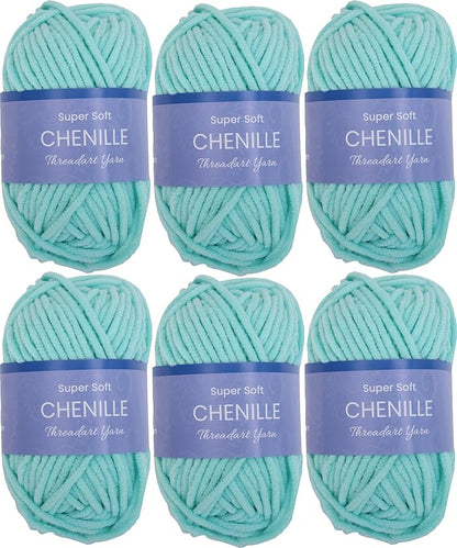 6 Pack ThreadArt Chenille Yarn for Crocheting, Knitting, Amigurumi, Super Soft Plush Velvet Yarn - 50 Gram 60 yds #5 Fluffy Yarn Skeins - Light Aqua 27