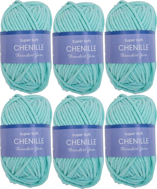 6 Pack ThreadArt Chenille Yarn for Crocheting, Knitting, Amigurumi, Super Soft Plush Velvet Yarn - 50 Gram 60 yds #5 Fluffy Yarn Skeins - Light Aqua 27