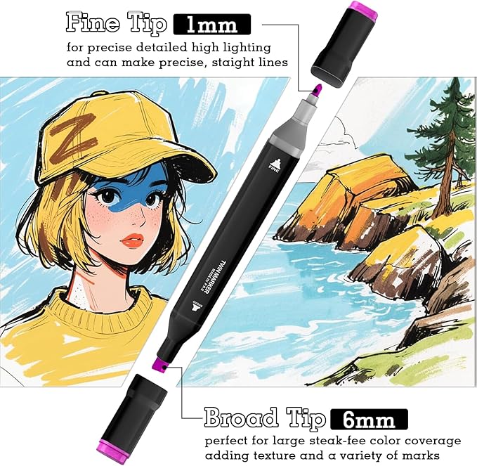 Cautyfky 100 Colors Dual Tip Alcohol Markers, Dual Tips Art Markers, Permanent Sketch Marker Set for Adults Coloring, Painting, Sketching, Illustrations