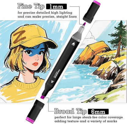 Cautyfky 100 Colors Dual Tip Alcohol Markers, Dual Tips Art Markers, Permanent Sketch Marker Set for Adults Coloring, Painting, Sketching, Illustrations