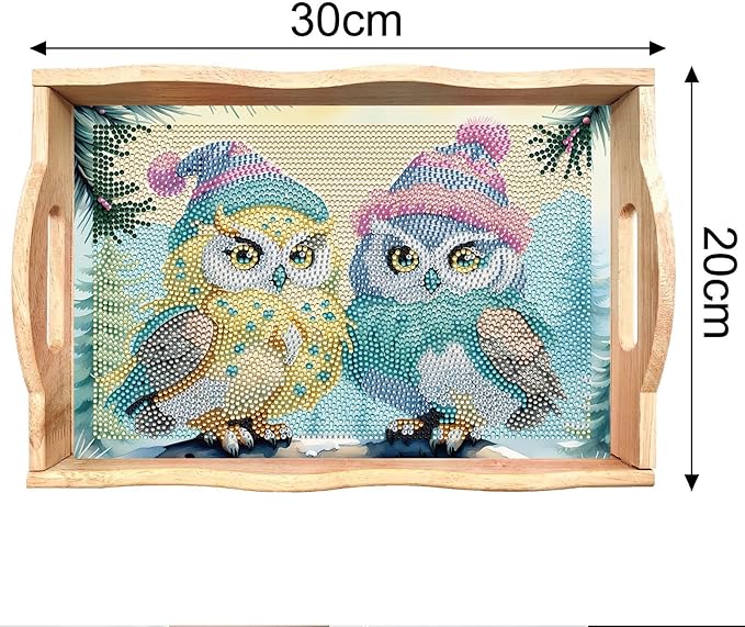 FGbaby DIY 5D Cute Owl Diamond Painting Wood Serving Tray with Handles Diamond Art Decoration Serving Trays Wooden Tray for Breakfast in Bed, Patio, BBQ, Coffee Table, Party –Great for Lap & Couch