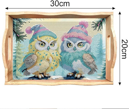 FGbaby DIY 5D Cute Owl Diamond Painting Wood Serving Tray with Handles Diamond Art Decoration Serving Trays Wooden Tray for Breakfast in Bed, Patio, BBQ, Coffee Table, Party –Great for Lap & Couch
