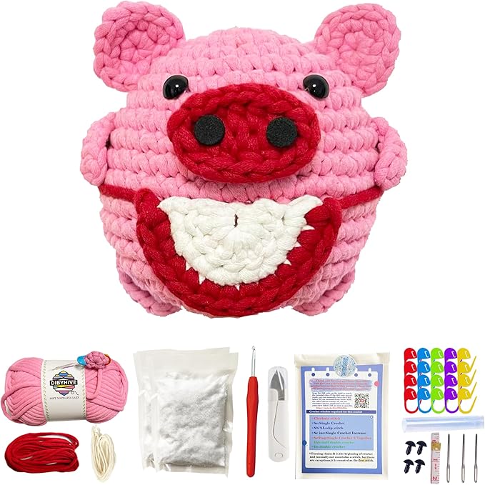 DIBYHIVE Crochet Kit for Beginners,Complete Video Tutorials,4.7inches Piglet Crochet Set,Includes Explanations of Basic Crochet Stitches