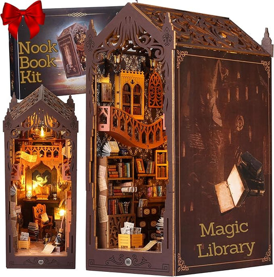 HURUC Book Nook Kit – Library Theme DIY Booknook with LED Lights | Book Nook Kits for Adults, Teens | Beginner-Friendly Nook Book for Home Décor | Perfect Booknook DIY Kit Gift