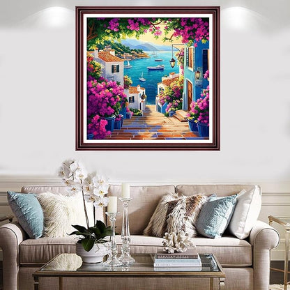 Redxing Stamped Cross Stitch Kits Full Range of Embroidery Starter Kits- Needlepoint Counted Cross Stitch Kits for Beginner Adults 11CT Printed Embroidery Kit-Seaside Floral Scenery 18x18 inch