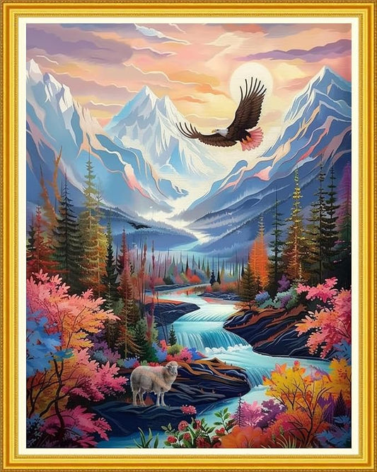 Magxvouy Cross Stitch Kits Stamped Full Range of Embroidery Kits,Cross Stitch Patterns Needlework Kits for Beginners 11CT Printed Kits&Eagle Landscape 16x20 inch