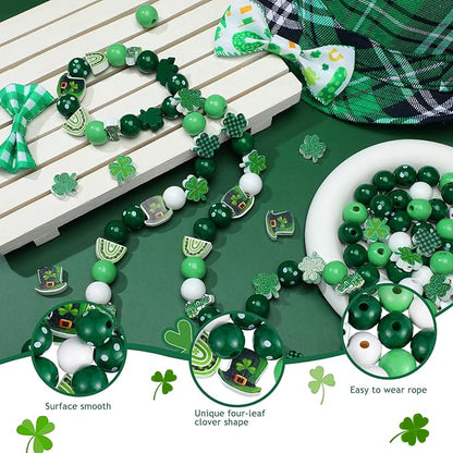200 Pieces St. Patrick's Day Wood Beads Green Wood Spacer Round Beads St. Patrick's Day Wooden Craft Kits for DIY Crafts Garland Home Party Decor Ornaments (Shamrocks Style)