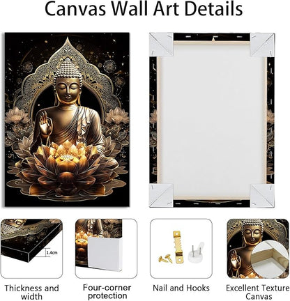 WENGTIAO Black Gold Buddha Framed Canvas Wall Art Zen Lotus Spiritual Relax Wall Pictures for Bathroom Living Room Bedroom Buddhist Meditation Canvas Paintings Prints Wall Decor Artwork 12x16 inch