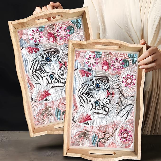 DIY Diamond Art Wooden Tray Kit, Food Tray with Handle Diamond Painted Table Decoration Tray, for Breakfast, Bar Dinner Table Diamond Dots Gem Painting Art Set for Beginners (#05-Tiger)
