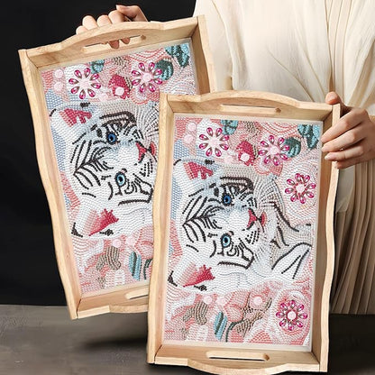 DIY Diamond Art Wooden Tray Kit, Food Tray with Handle Diamond Painted Table Decoration Tray, for Breakfast, Bar Dinner Table Diamond Dots Gem Painting Art Set for Beginners (#05-Tiger)