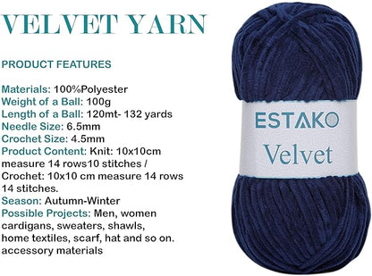 Estako Velvet (3- Skeins Pack) Chenille Blanket amigurumi Yarn for Crocheting and Knitting Super Bulky 3x100 gr (3x132 yds) (1210 - Navy Blue)
