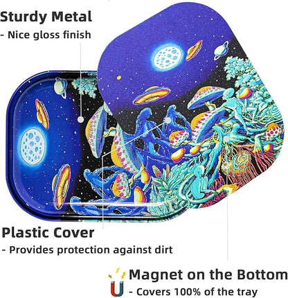 Small Metal Trays with PVC Soft Magnetic Lid Metal Tray with Lid Cover Small Cute Decorative Tray Ideal Storage for Home or on The Go, 7" x 5.5"
