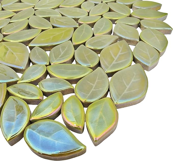 500g/1.1lb Leaf-Shaped Ceramic Mosaic Tiles,Ceramic Mosaic Pieces for Crafts,Mosaic Tiles for Home Decoration or DIY Crafts,Mosaic Making Supplies. (Iridescent Yellowish Green)