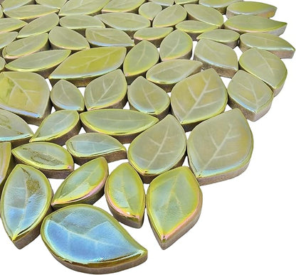 500g/1.1lb Leaf-Shaped Ceramic Mosaic Tiles,Ceramic Mosaic Pieces for Crafts,Mosaic Tiles for Home Decoration or DIY Crafts,Mosaic Making Supplies. (Iridescent Yellowish Green)