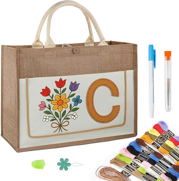 DIY Personalized Canvas Tote Bag with Embroidery Kit, Sturdy Jute Craft Bag with Front Pocket & Water-Resistant Lining, Customizable Gift Tote for Women, Everyday Use, Beach, Work, Groceries (C)