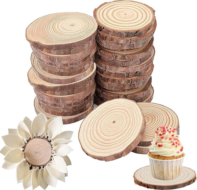 ZOENHOU 30 PCS 5.1-5.5 Inch Natural Wood Slices, 13-14cm Unfinished Round Wood Disc Coasters Wooden Slice with Bark for Centerpieces Table DIY Craft Art Painting Wedding Rustic Decoration Christmas