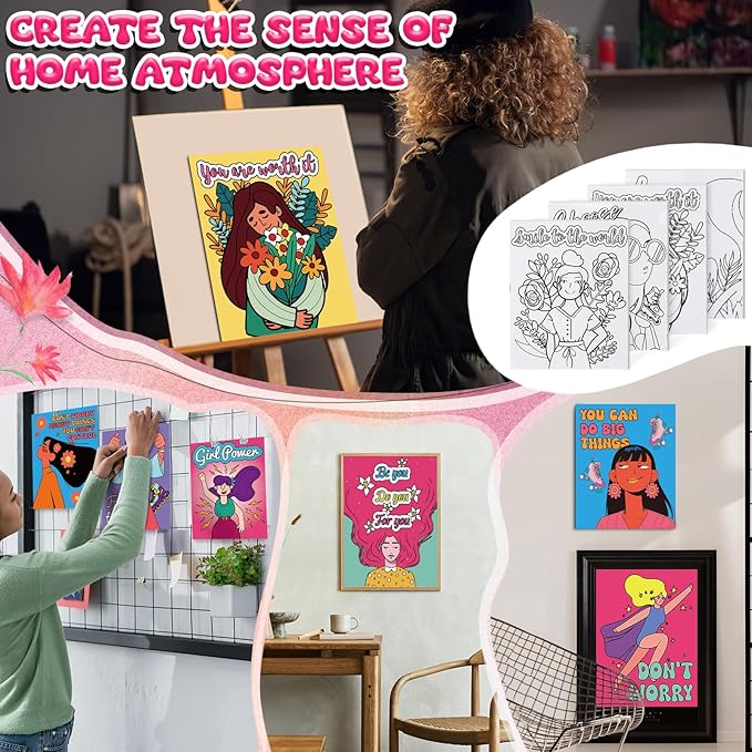 Sherr 140 Pcs 20 Set Pre Drawn Canvas Kit for Painting Craft Sip and Paint Kit for Adults Pre Printed Canvas Painting Favor for Virtual DIY Birthday Gifts Adult's Date Party(Feminism)