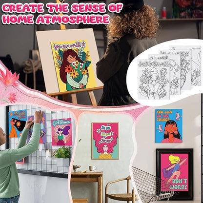 Sherr 140 Pcs 20 Set Pre Drawn Canvas Kit for Painting Craft Sip and Paint Kit for Adults Pre Printed Canvas Painting Favor for Virtual DIY Birthday Gifts Adult's Date Party(Feminism)