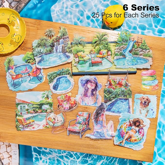AuriicLeaf Travel PET Stickers, 150 Pcs Summer Holiday Ephemera for Scrapbooking, Journaling, DIY Crafts, and Art Supplies