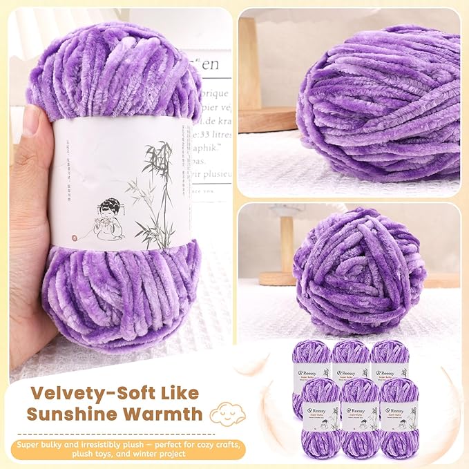 Velvet Chenille Yarn Pack – 6 Skeins × 100g Super Bulky (CYC #6) – Soft Velvet Chunky for Crocheting & Knitting, Fluffy Chenille Yarn for Blankets, Scarves & Crafts (Purple)