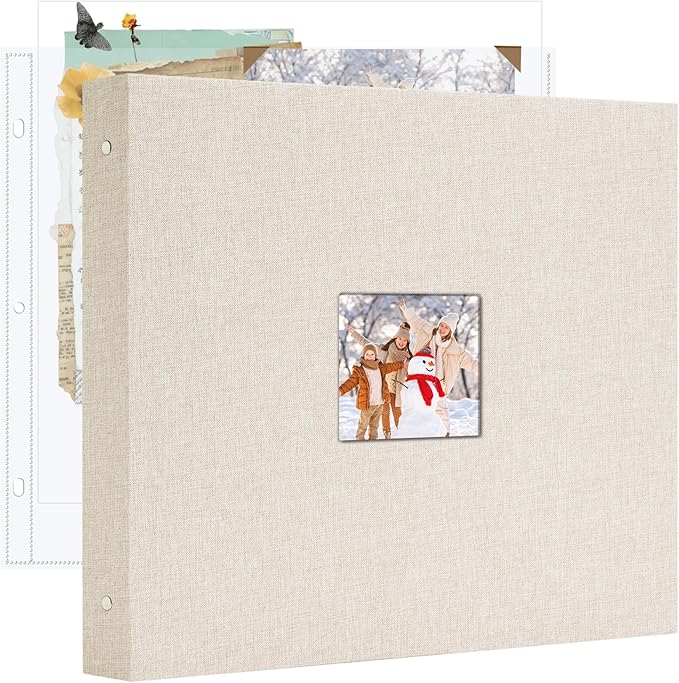 Hiwhy 12x12 Inch Large 3 Ring DIY Scrapbook Photo Album, Linen Cover Scrapbook with 40 Sheets Plastic Sleeves 80 Pages Memory Book for Wedding Birthday Baby Family (Beige)