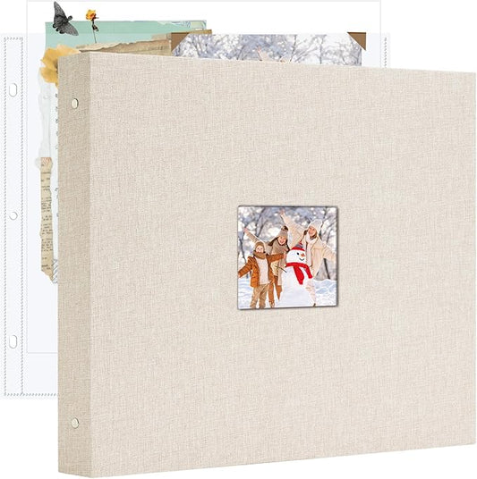 Hiwhy 12x12 Inch Large 3 Ring DIY Scrapbook Photo Album, Linen Cover Scrapbook with 40 Sheets Plastic Sleeves 80 Pages Memory Book for Wedding Birthday Baby Family (Beige)