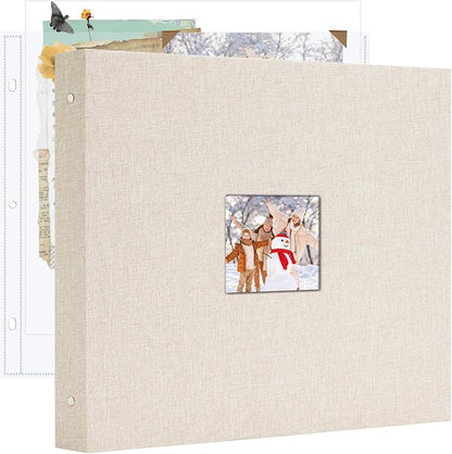Hiwhy 12x12 Inch Large 3 Ring DIY Scrapbook Photo Album, Linen Cover Scrapbook with 20 Sheets Plastic Sleeves 40 Pages Memory Book for Wedding Birthday Baby Family (Beige)