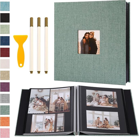 Self Adhesive Photo Album Black Pages Scrapbook Magnetic Photo Albums for 4x6 5x7 8x10 Pictures Books with Sticky Pages with A Metallic Pen for Baby Family Wedding 13.2x12.8 Green 120 Pages