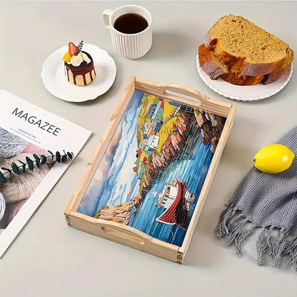 DoxQcs DIY Diamond Art Wooden Tray Kit Easter Food Tray with Handle Diamond Painted Table Decoration Tray for Breakfast Bar Dinner Table Diamond Art Painting for Beginners-#17-Seaside Village