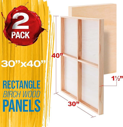 U.S. Art Supply 30" x 40" Unfinished Cradled Wood Panels for Painting, Gallery 1-1/2" Deep (2 Pack) - Artist Depth Wooden Wall Canvases - Mixed-Media Craft, Acrylic, Oil, Encaustic, Paint Pouring