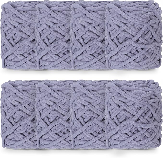 Buryeah 8 Pack Chunky Chenille Yarn for Crocheting Soft Thick Fluffy Yarn for Hand Knitting Bulky Velvet Blanket Plush for Weaving DIY Crafts Each 3.5 oz 55 Yards (Light Gray)