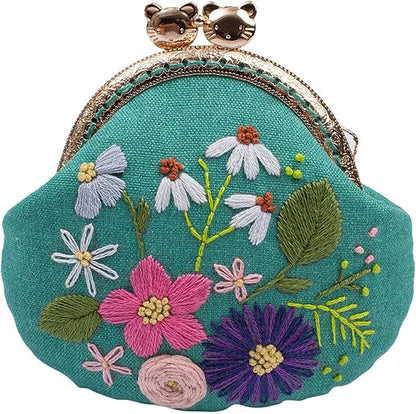 MIAO JIN 2 Sets Stamped Embroidery Coin Purse Kits for Beginners Handmade DIY Embroidered Clutch Starter Kit with All Supplies Tools Bamboo Embroidery Hoops