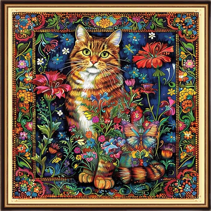 DMCVIVR Stamped Cross Stitch Kits for Adults Beginners Embroidery Kits 11CT Needlepoint Kits Cross Stitch Patterns Embroidery Patterns-Colorful Cat Flowers 18x18 inch