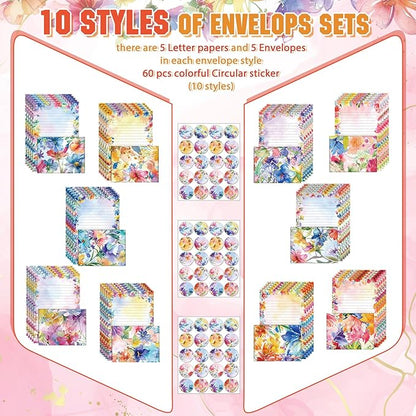 TaoBary 160 Pcs Stationery Paper Set 50 Double Sided Stationery Papers with 50 Matching Envelopes and 60 Round Dot Sticker, 10 Design(Bright Floral,5.5 x 8.25 Inch)