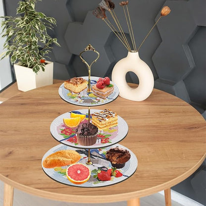 Three-Tier Diamond Painting Wooden Cake Stand DIY Sunflower Diamond Painting Cupcake Towel-Lined Tiered Tray Reusable Pastry Stand (Little Bird)