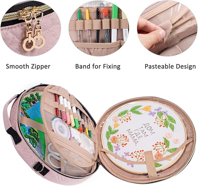 | Round Embroidery Bag(Empty) - Embroidery Storage Bag -Cross Stitch Supplies Organizer with Multiple Pockets for Embroidery Kits, Cross Stitch Suppliers, Embroidery Floss (Bag Only)