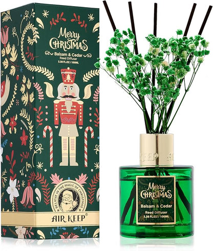 Airkeep Christmas Reed Diffuser Set,3.38 fl oz (100 ml) Reed Diffuser - Balsam&Cedar Oil Diffusers with 8 Reed Sticks, Home Fragrance Reed Diffuser for Bathroom Shelf Decor