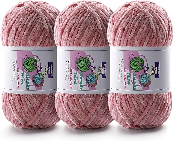 3 Skeins Soft Fluffy Velvet Yarn, Chenille Chunky Yarn for Hand Knitting and Crocheting DIY Craft, Amigurumi Crochet Yarns（3×196.8yds, 3×3.5oz） (Peach Pink)