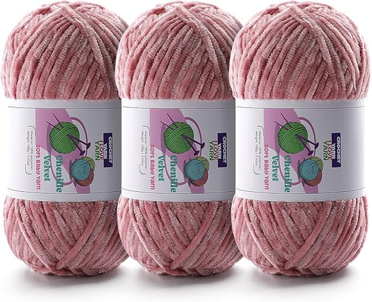 3 Skeins Soft Fluffy Velvet Yarn, Chenille Chunky Yarn for Hand Knitting and Crocheting DIY Craft, Amigurumi Crochet Yarns（3×196.8yds, 3×3.5oz） (Peach Pink)