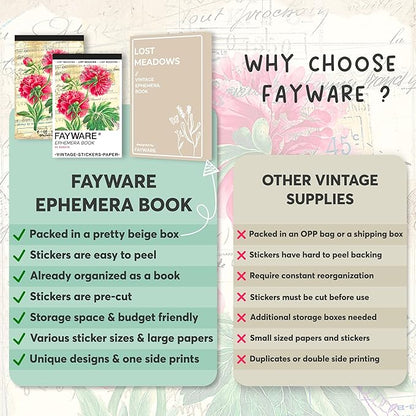 FAYWARE Vintage Washi Stickers for Journaling - Ephemera Book for Journaling with 414 Stickers & 20 Scrapbook Papers. Junk Journal Supplies, Scrapbooking Supplies